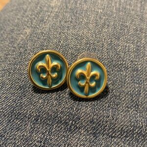 Fornash Vintage Gold and Teal Fleur-de-Lis Earrings